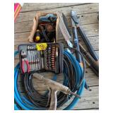 AIR GUN W/ GUN, BOX OF GRINDING TOOLS & WIRE