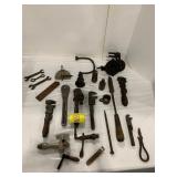 GROUP OF ANTIQUE HAND TOOLS, WRENCHES, ROCK