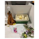 BASKET OF FLAMELESS CANDLES, DRIFTWOOD LAMP,
