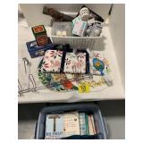 LIGHTBULBS, TOTE OF BOOKS UNDER TABLE, DUFFLE