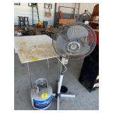 PROPANE TANK, PEDESTAL FAN, HOMEMADE METAL BASE