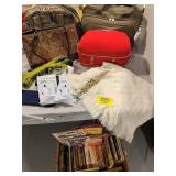 SUITCASES & BAGS, BOX OF BOOKS UNDER TABLE, BAG