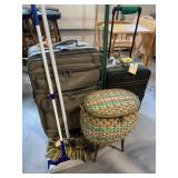 SEWING BASKET, SUITCASES, SWEEPERS