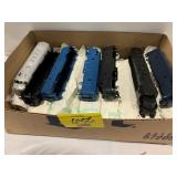 BOX OF VINTAGE PLASTIC TRAIN LOCOMOTIVES & CAR