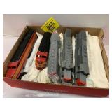 BOX OF VINTAGE PLASTIC TRAIN LOCOMOTIVES & CAR