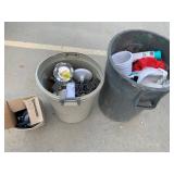 2 TRASHCANS W/ POOL SUPPLIES, CHEVY PLASTIC CAP,
