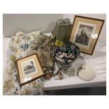 ASIAN THEMED BOWL, FRAMED WALL ART, LAMP SHADE,