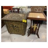 BRASS COVERED STORAGE BOX, ORNATE BRASS ACCENTED