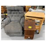 GREY UPHOLSTERED RECLINER, WOODEN END TABLE,