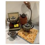 LEAF DISH, ANTIQUE METAL LAMP, TEAPOTS, BOOKS,