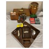 CATCH-ALL DISH, PLAYING CARDS, BRASS DUCK BOX,