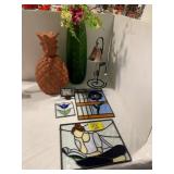 3 STAINED GLASS FLOWER PANELS, ART GLASS GREEN