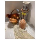 ASIAN VASE, PINK SALT LAMP, COPPER MATCH HOLDER