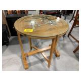 ORNATE ASIAN THEMED GLASS-TOP END TABLE W/