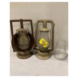 2 ANTIQUE BARN LANTERNS, SPARE GLASS SHADE