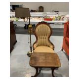 ORNATE CARVED WOOD ACCENT CHAIR, GLASS-TOP END