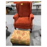 RED UPHOLSTERED WINGBACK ACCENT CHAIR, OTTOMAN