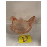 PINK GLASS HEN ON NEST