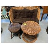 WICKER LOVESEAT, 2 WICKER END TABLES