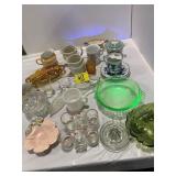 GREEN DEPRESSION GLASS BOWL, CREAMERS, ROOSTER