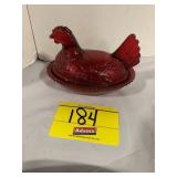 RUBY RED GLASS HEN ON NEST