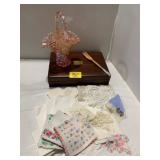 PINK CARNIVAL GLASS BASKET, HANKIES, VINTAGE SOFT