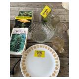 MARIUANA BOOKS, CORELLE PLATES, PRESSED GLASS OF