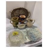 GLASS EGG PLATE, STONEWARE COW PITCHER, PRESSED