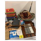 WOOD MIRROR, BASKETS, BOOKS, SOLAR CRANK RADIO,