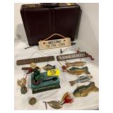 NOVELTY CAST IRON GOT AWAY BANK, FISHING LURE