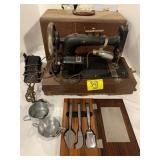 CHAMPION SEWING MACHINE, UTENCIL SET, CREAMER &