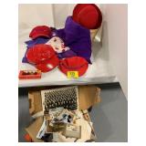 BOX OF ANTIQUE PHOTOS UNDER TABLE, RED HAT LADY