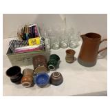 STUDIO POTTERY PITCHER & CUP SET, GLASS TUMBLERS