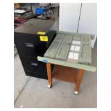 METAL FILE CABINET, ROLLING CART BASE, WOOD