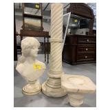 ANTIQUE ALABASTER LADY BUST, ALABASTER PEDESTAL
