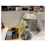 GLASS DISH OF MARBLES OF ALL KINDS, STUDENT LAMP,