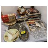 BOOKS OF ALL KINDS, ETCHED GLASS SHERBETS,