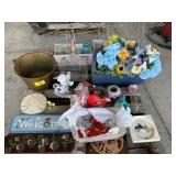 ANTIQUE BRASS BUCKET, TOMATO CAGES, WELCOME