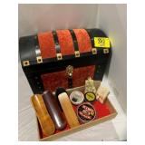 TABLETOP TREASURE TRUNK, SHOE SHINE SUPPLIES