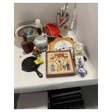 WAGNER MARKED CAST IRON SKILLET, TACKLE BOX &