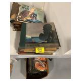BOX OF MECHANIC BOOKS UNDER TABLE, VINYL RECORD