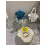 FENTON MILK GLASS BASKET, YELLOW RUFFLE GLASS