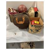 5 BOWLING BALLS, BOWLING SHOES, AIR MATTRESS