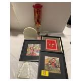 SET OF ASIAN PICTURES, ETCHED RED GLASS SHADE