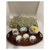 GLASS SHERBET SET, HAND PAINTED ANTIQUE PURPLE