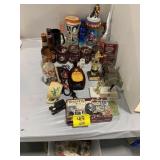 BARWARE, STEINS, TOTE OF GLASSES UNDER TABLE,