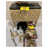 SHOE SHINE KIT, MENS JEWELRY, FOREIGN COINS,