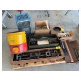 CLAMPS, CHAINS, METAL TOOLBOX FULL OF WIRING,