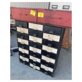 RED METAL 2-DRAWER CABINET, BLACK & WHITE PAINTED