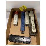 FLAT W/ VINTAGE PLASTIC TRAIN LOCOMOTIVES